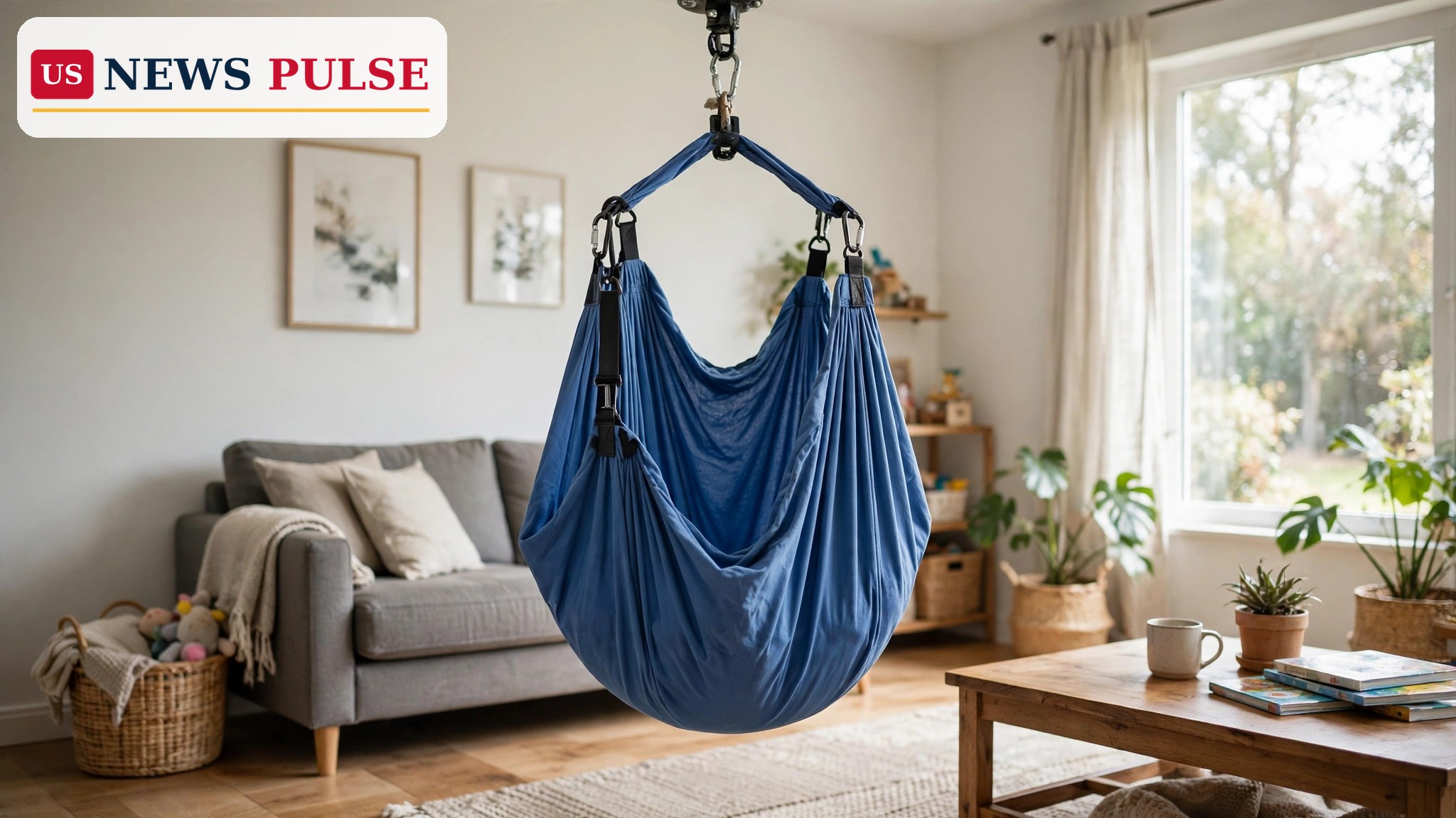 Harkla sensory swing recall: a blue compression sensory swing hanging from a ceiling mount in a bright living room